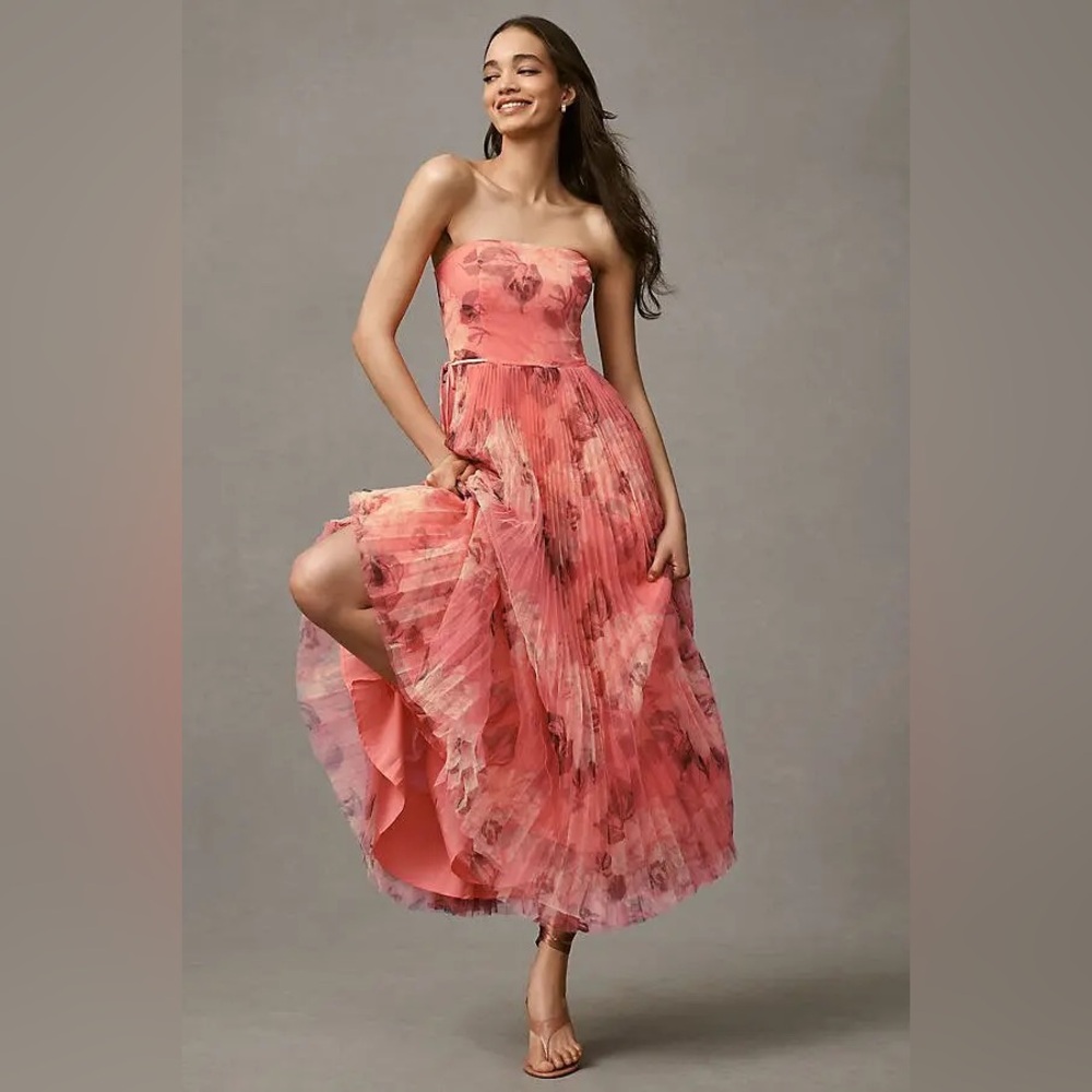 Hutch Coral Floral Strapless Pleated Midi Dress - Picture 2 of 9